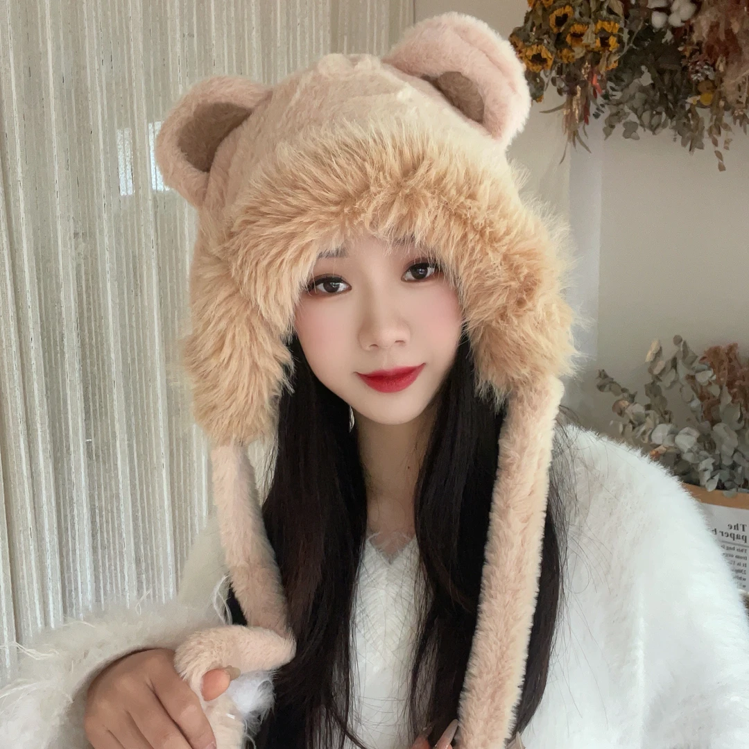 2024冬款小熊单帽子加绒加厚毛绒针织时尚百搭韩版毛绒帽包头帽