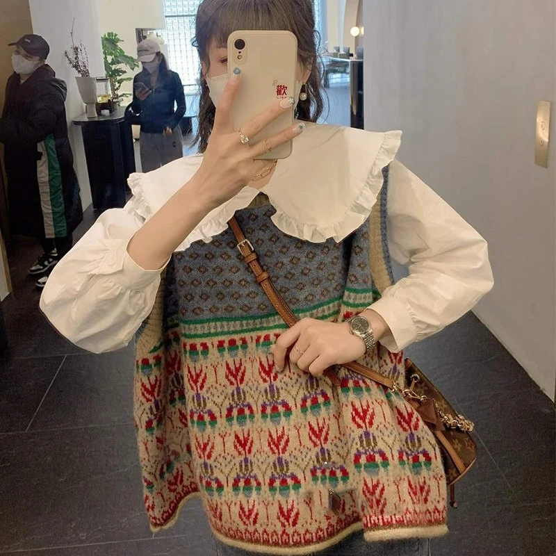 森系老花针织马甲女2024早秋装新款时尚减龄宽松毛衣背心坎肩潮