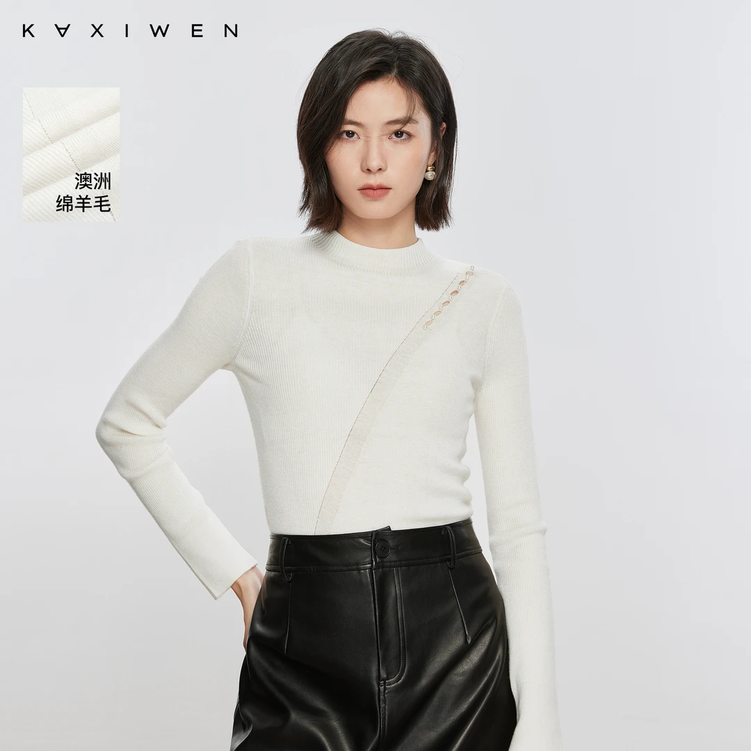 半高领针织衫珍珠镂空修身打底上衣女D07AZN7504