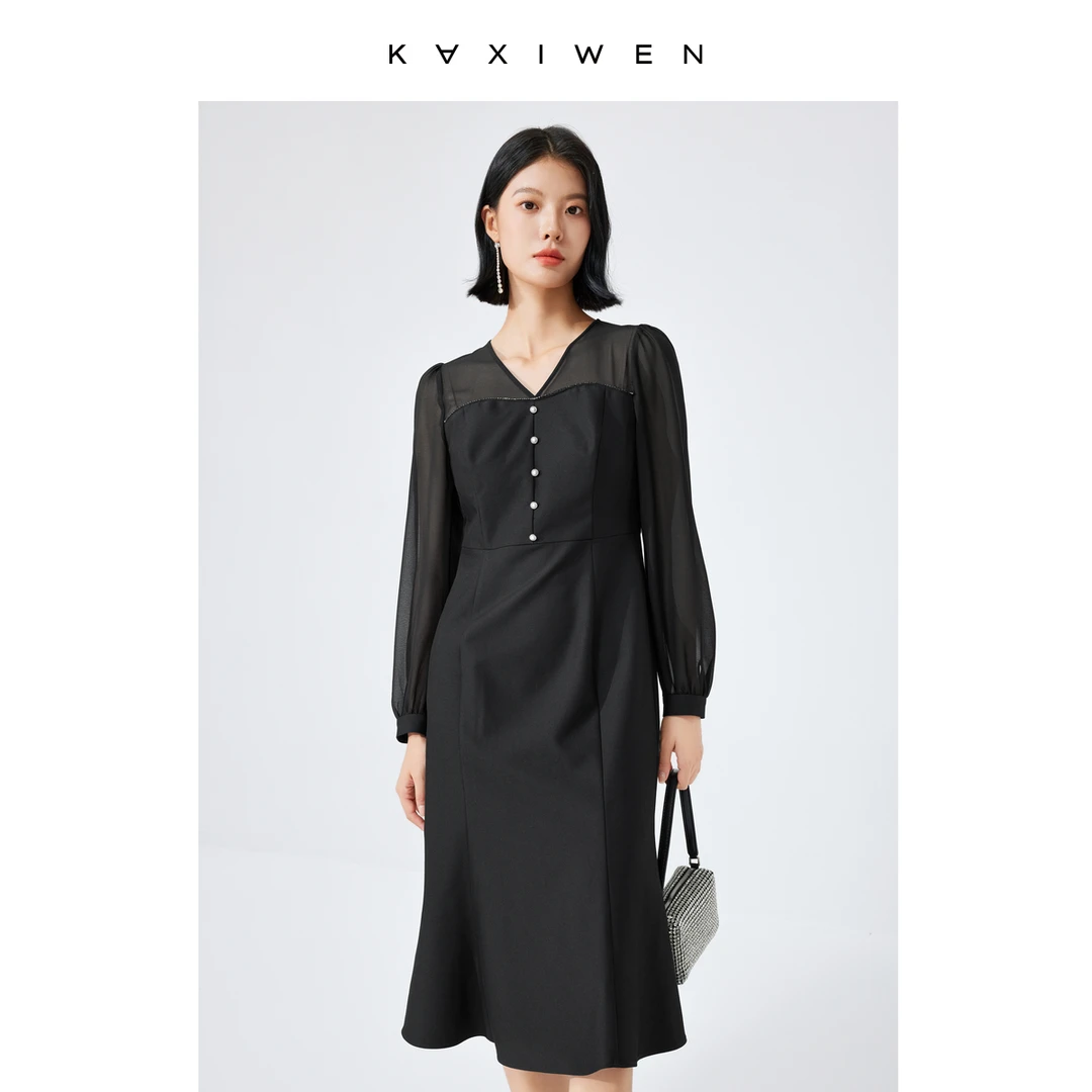 【小铃铛】D09ALS7131女装雪纺拼接裙子v领链条装饰鱼尾裙