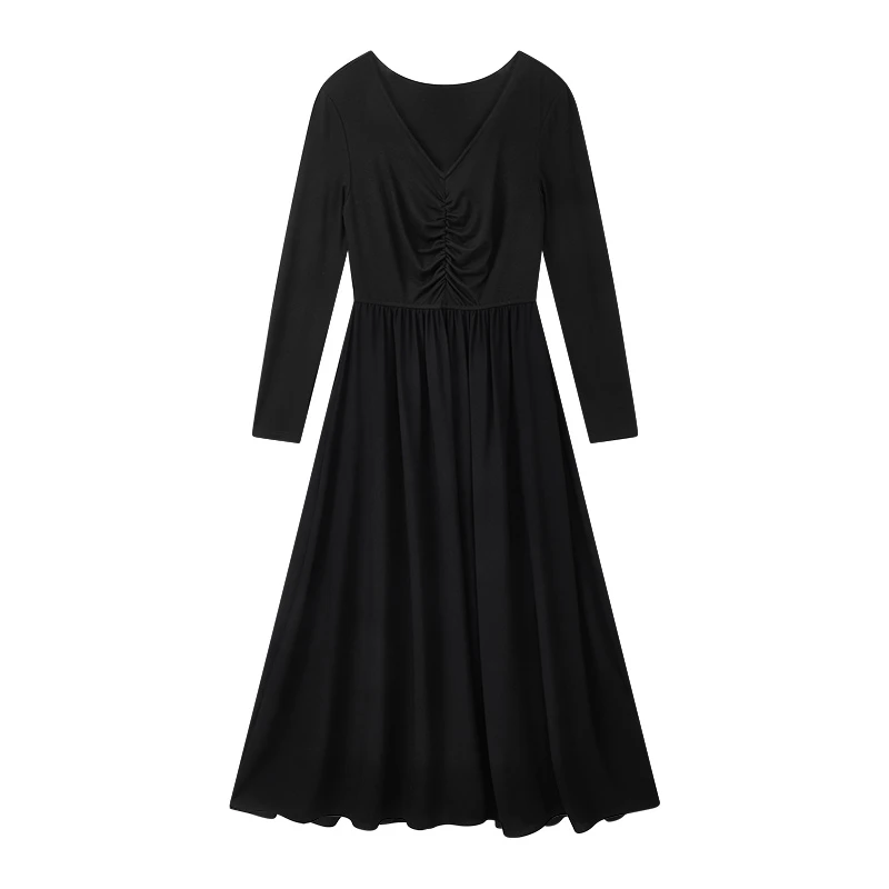 【达人专属】V领抽褶小黑裙N7009