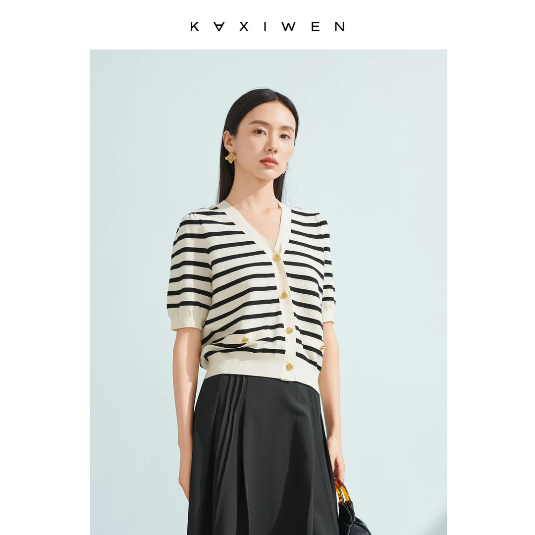 【喵姐严选】薄款条纹针织衫复古V领撞色短袖上衣X03AWS2508