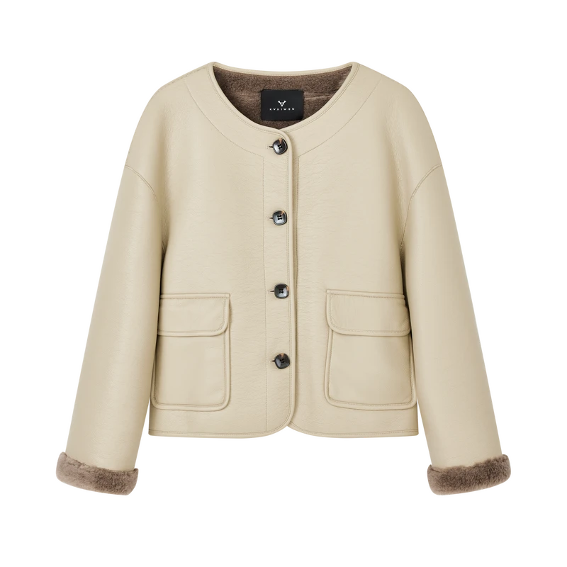 【达人专属】老钱风无领皮外套气质复古百搭上衣K11AWS8852