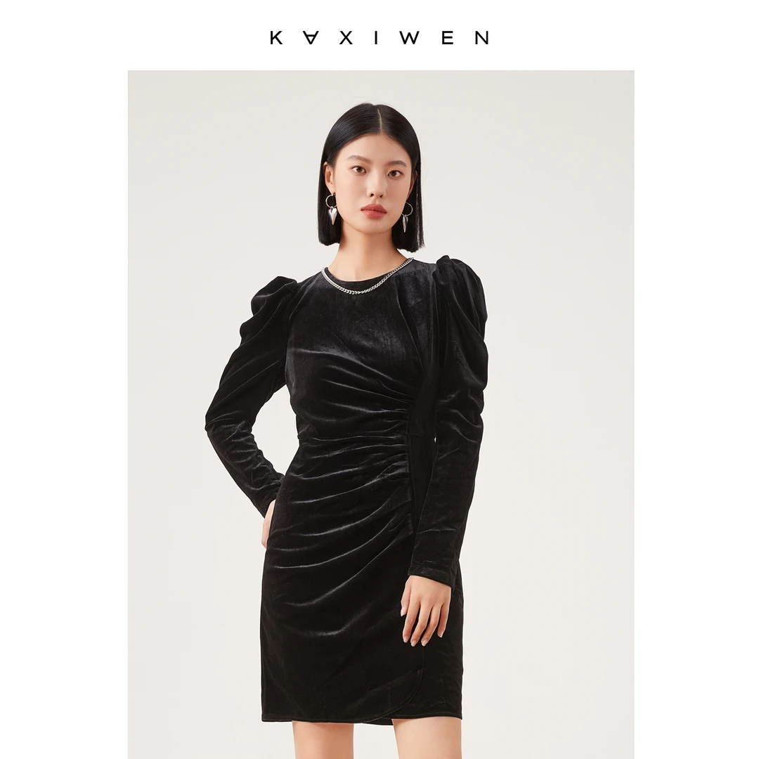 【直播专享】X09BLE8153女装链条装饰法式压褶丝绒连衣裙