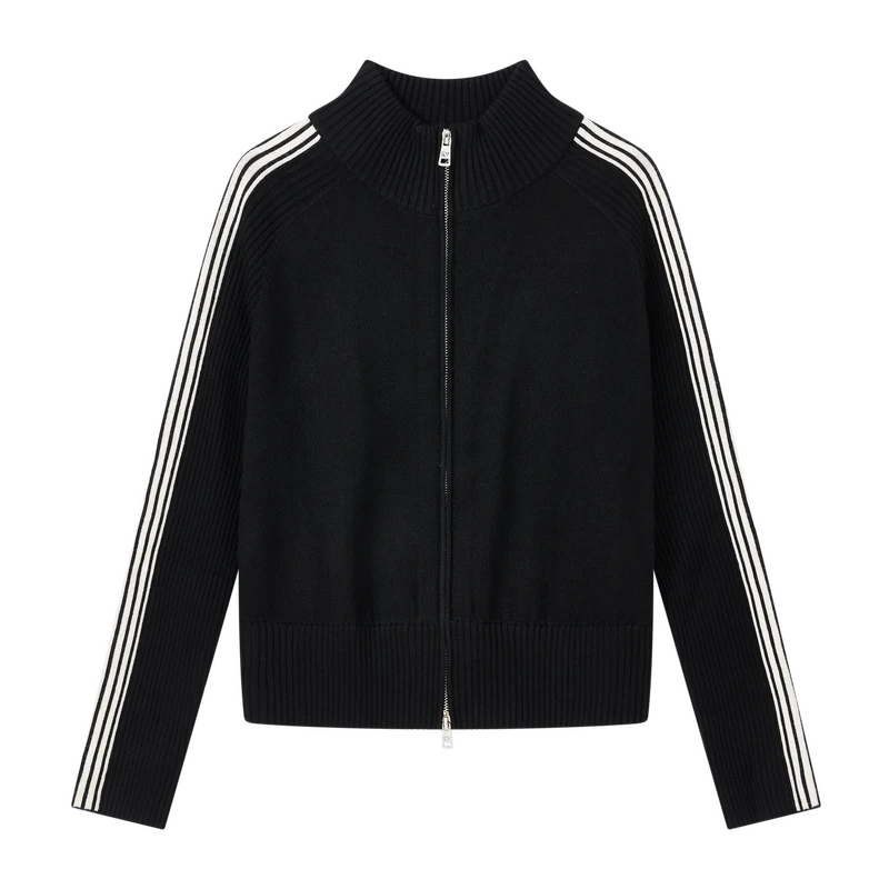 【小北推荐】休闲双拉链外套时尚条纹撞色毛衣潮上衣X09AWS8551