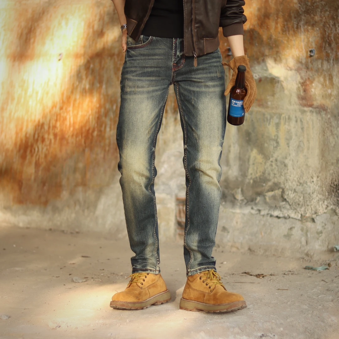 【西域迷幻】欧美潮流复古做旧水洗刺绣潮牌修身小直筒男士牛仔裤