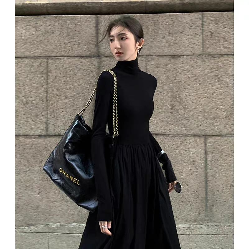 A110法式优雅慵懒风百搭连衣裙万能百搭打底小黑裙2025年春款新款