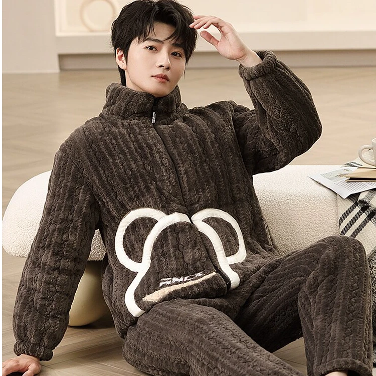 男士法兰绒家居服秋冬加绒加厚保暖睡衣套装可外穿【B2045-1]