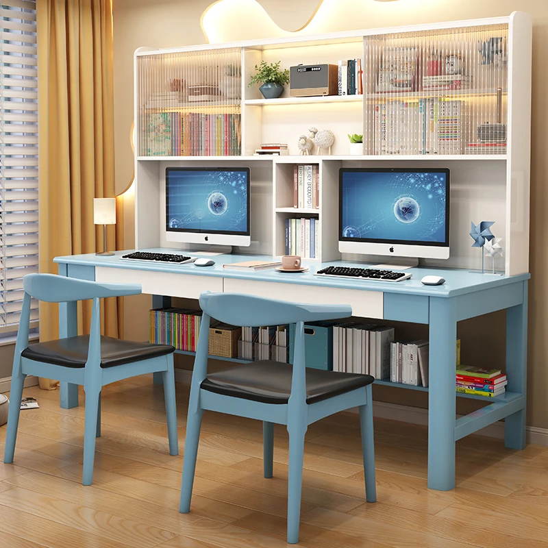 实木书桌办公桌书房电脑台双人学习桌书架组合书柜一体电脑桌椅