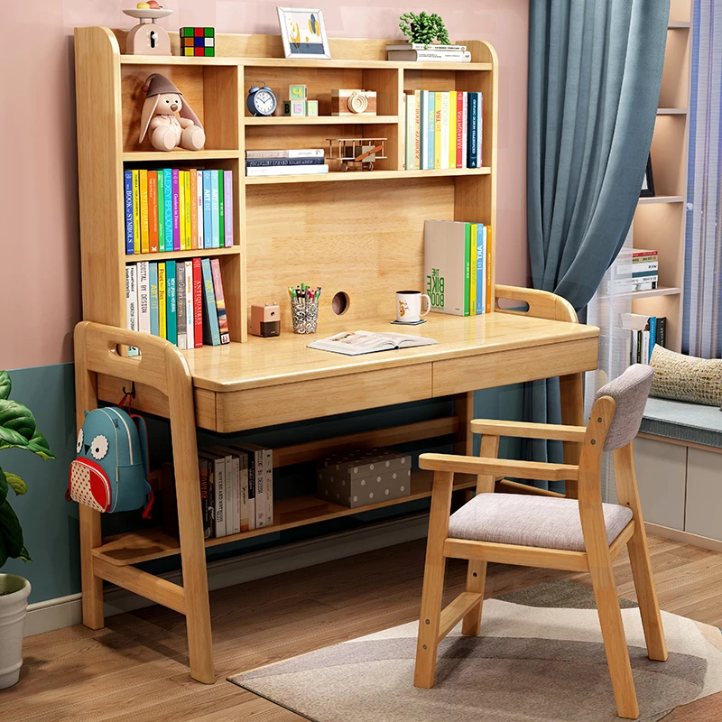 书桌实木书架一体家用初中小学生写字台式电脑桌卧室儿童学习桌子
