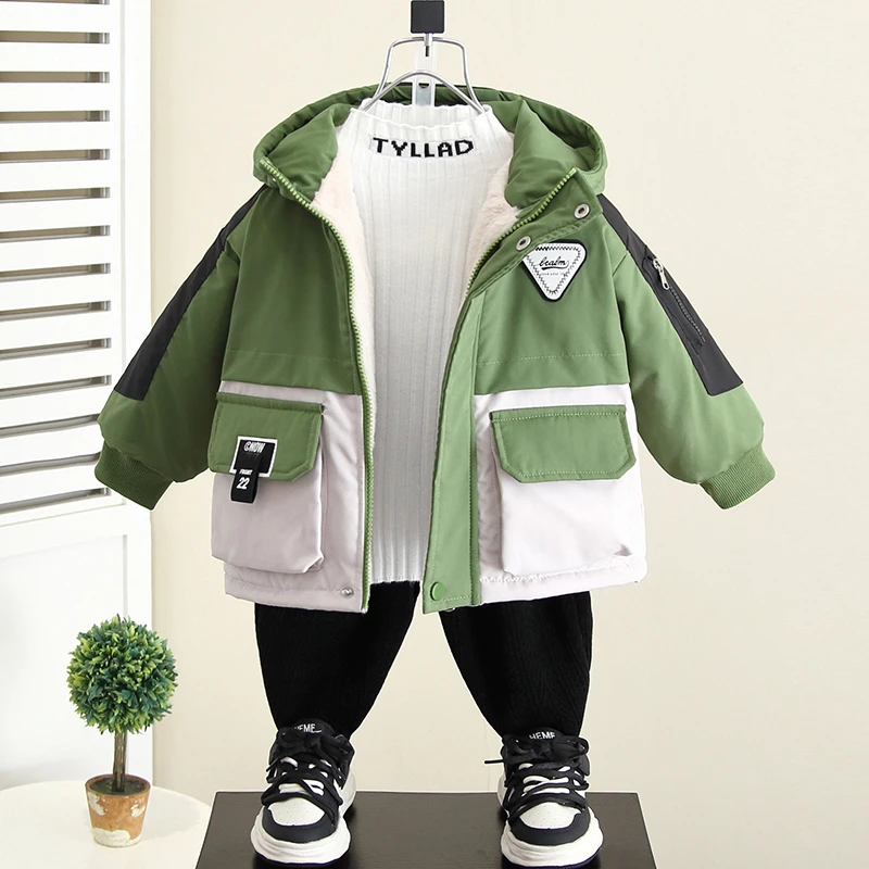 男童加绒棉服外套秋冬款2024新款儿童冬装加厚棉衣宝宝夹棉袄冬季