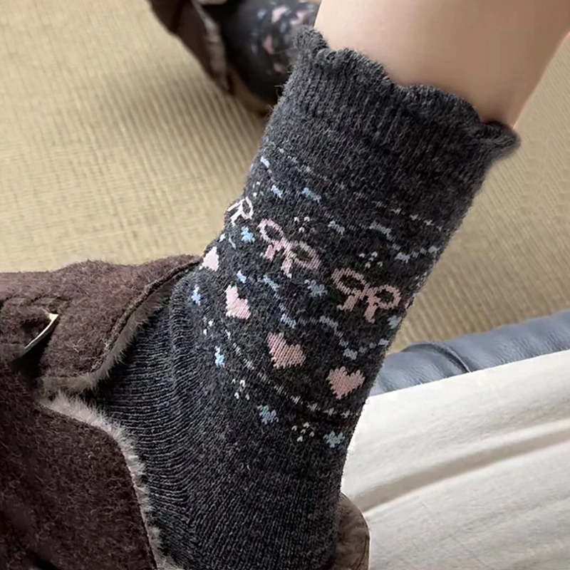 袜子女款爆款2025新款冬季加绒加厚保暖羊毛袜点子纱蝴蝶结中筒袜