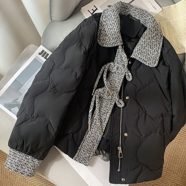 小香风羽绒棉服女短款2024冬小个子粗花呢拼接外套新中式气质百搭