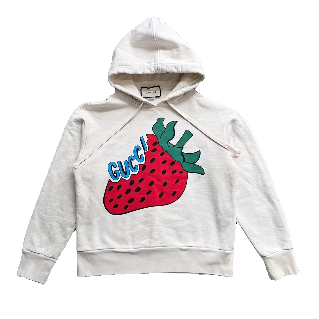 95新 GUCCI/古驰  小草莓带帽套头白色连帽卫衣 L码编码xb1653