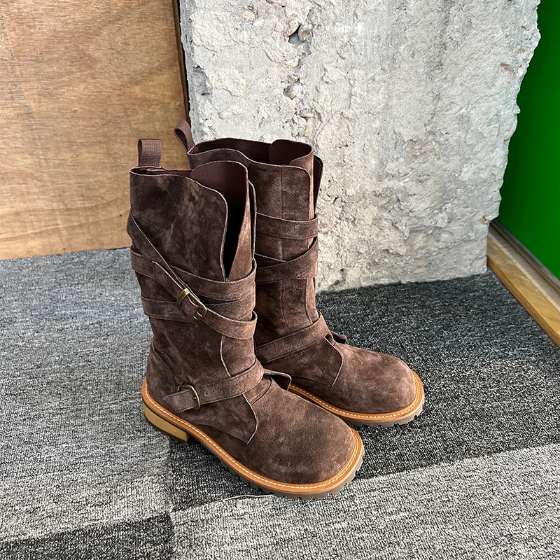 Mooreyu小个子中筒骑士靴女粗跟方头真皮复古西部牛仔靴马丁靴子