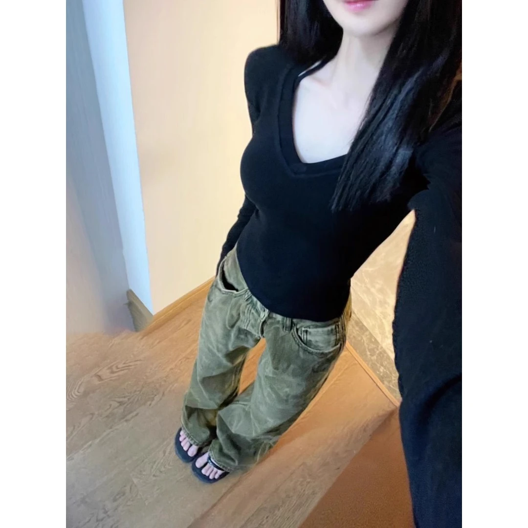纯欲辣妹低V领黑色正肩长袖T恤女秋冬修身内搭打底衫收腰紧身上衣
