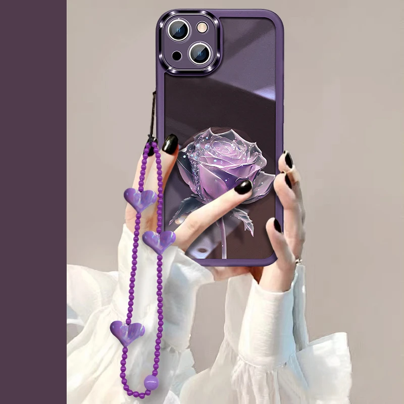 镜头膜紫色玫瑰爱心链条苹果13vivo/oppo华为iphone14防摔手机壳