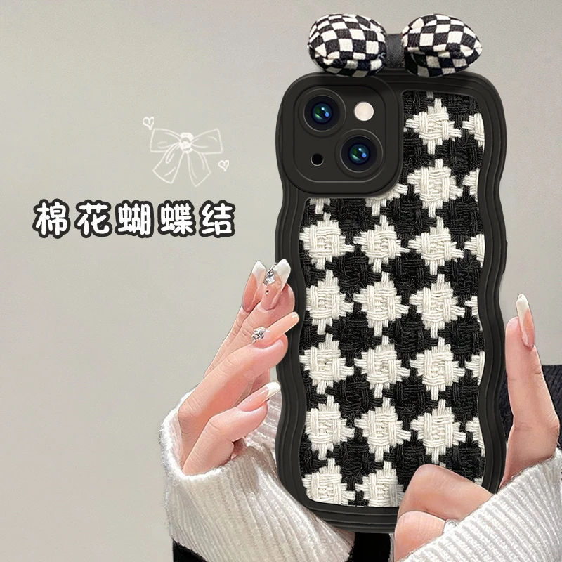 【适用苹果/华为/vivo/oppo/小米】波浪边棋盘格可爱蝴蝶结手机壳