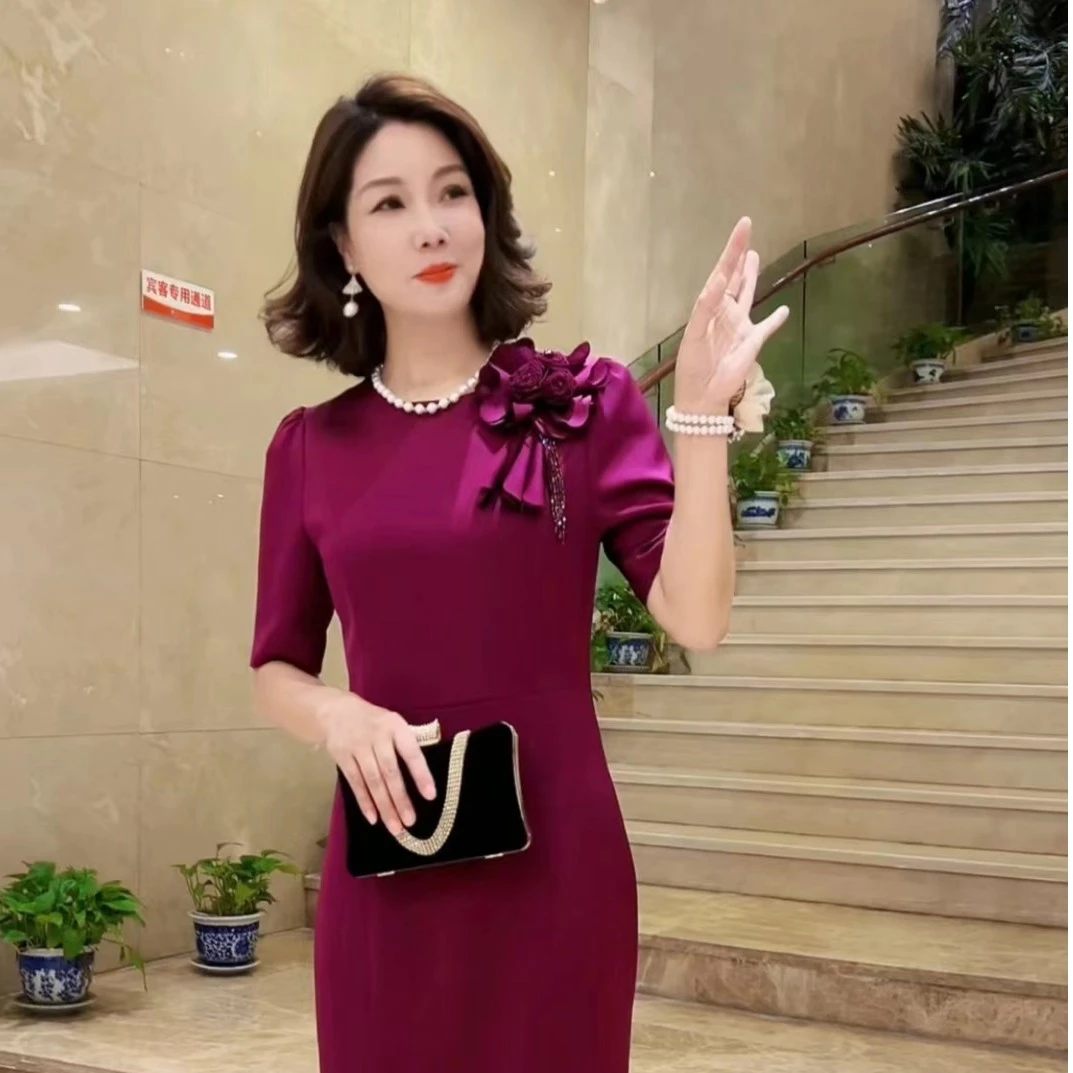 S-8352喜妈妈礼服气质礼服长款时尚修身韩版婚宴优雅连衣裙a字