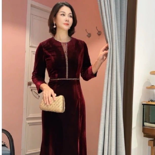 Y-8503喜妈妈气质显瘦时尚长款修身优雅秋冬婚礼宴会喜宴礼服