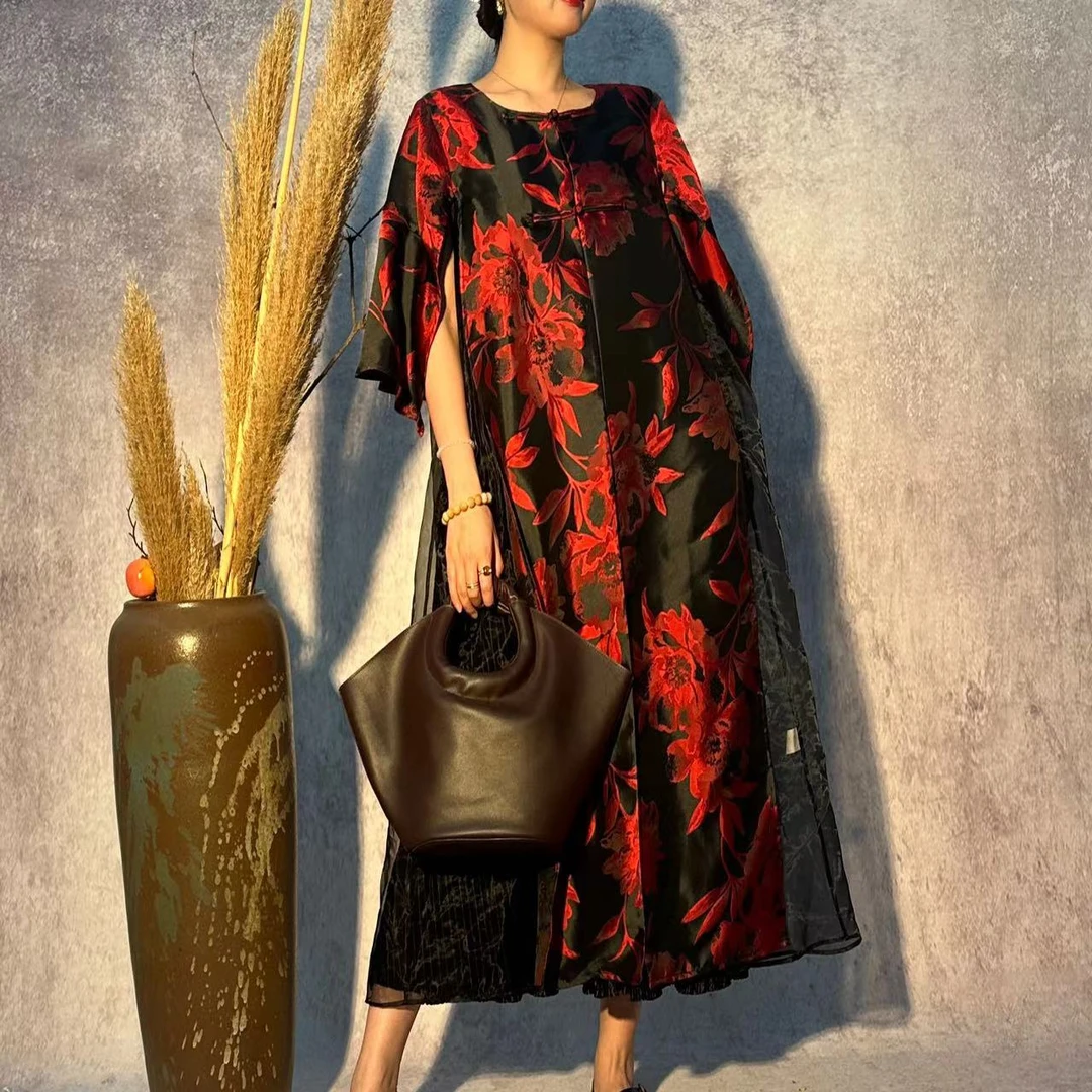 【大海轻奢】W1627黑红刺绣夏季气质显瘦设计师时尚连衣裙外披