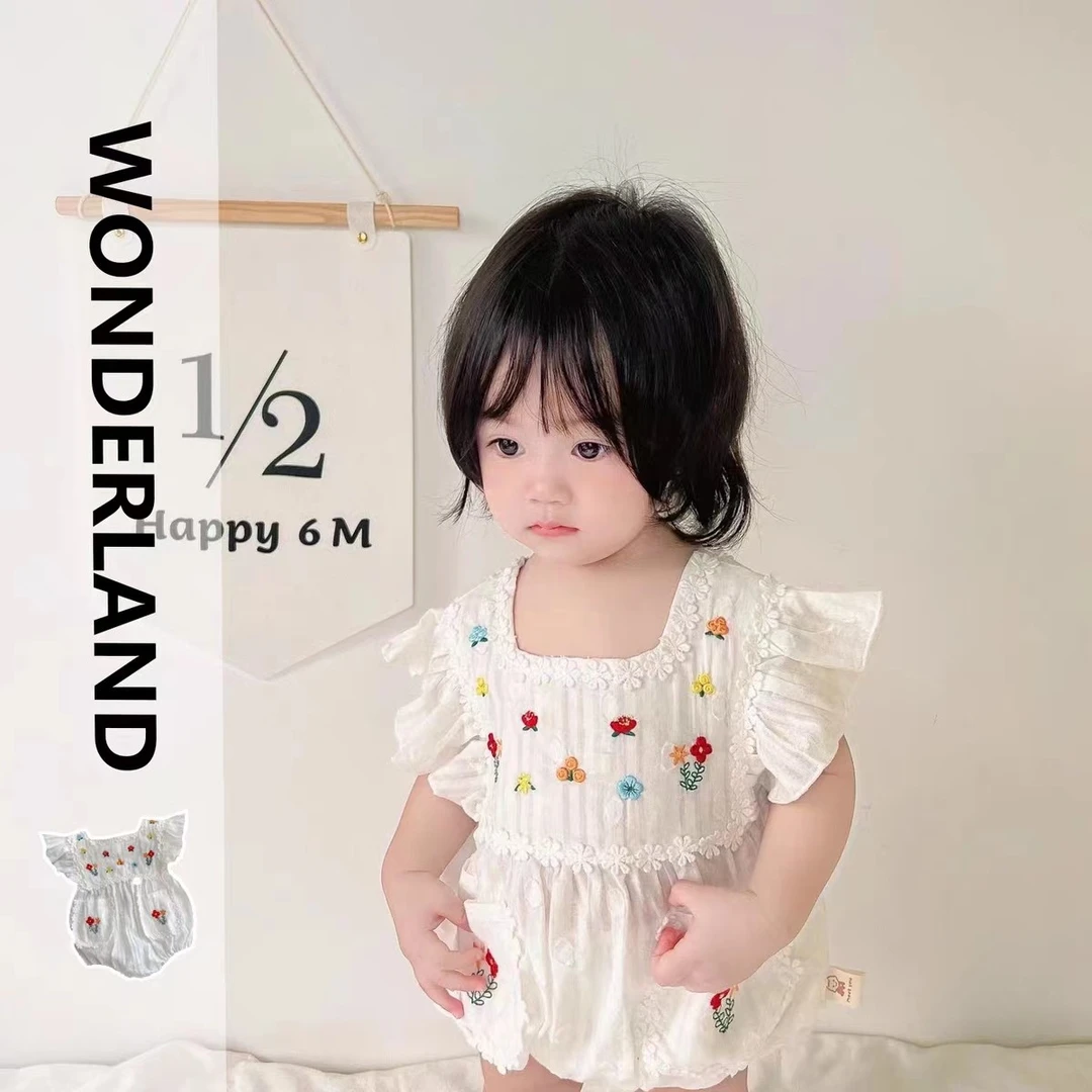 婴幼儿夏季包屁衣纯棉薄款女宝刺绣花朵连体衣女童可爱哈衣三角爬