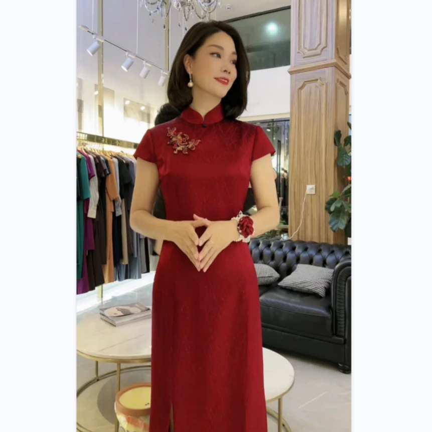 1749-11喜妈妈喜婆婆梦娇高定礼服连衣裙显瘦网红夏季红色中长款