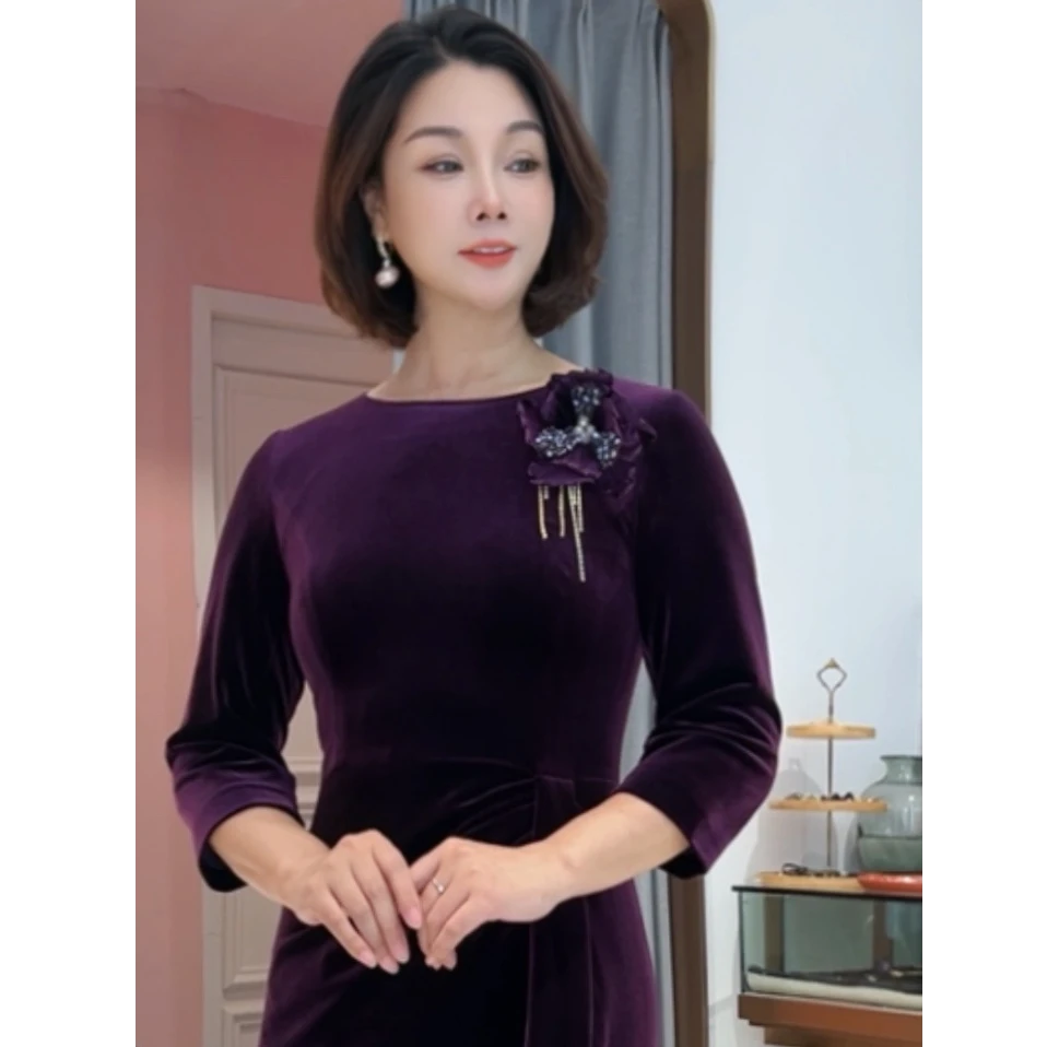 0107-喜妈妈气质显瘦时尚长款修身优雅秋冬婚礼宴会喜宴礼服