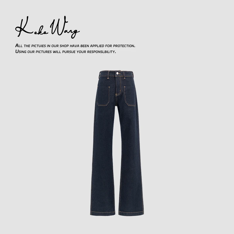 KOKO WANG龙年设计感明线前口袋高腰显瘦直筒牛仔裤081633L22K42