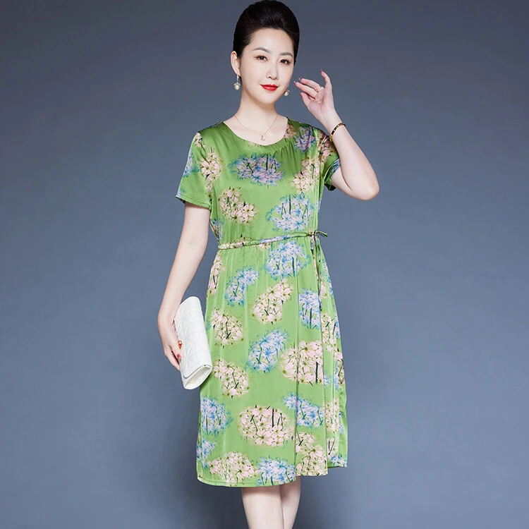 大牌桑蚕丝中长款女装连衣裙夏季新款显瘦印花系带妈妈装真丝裙子