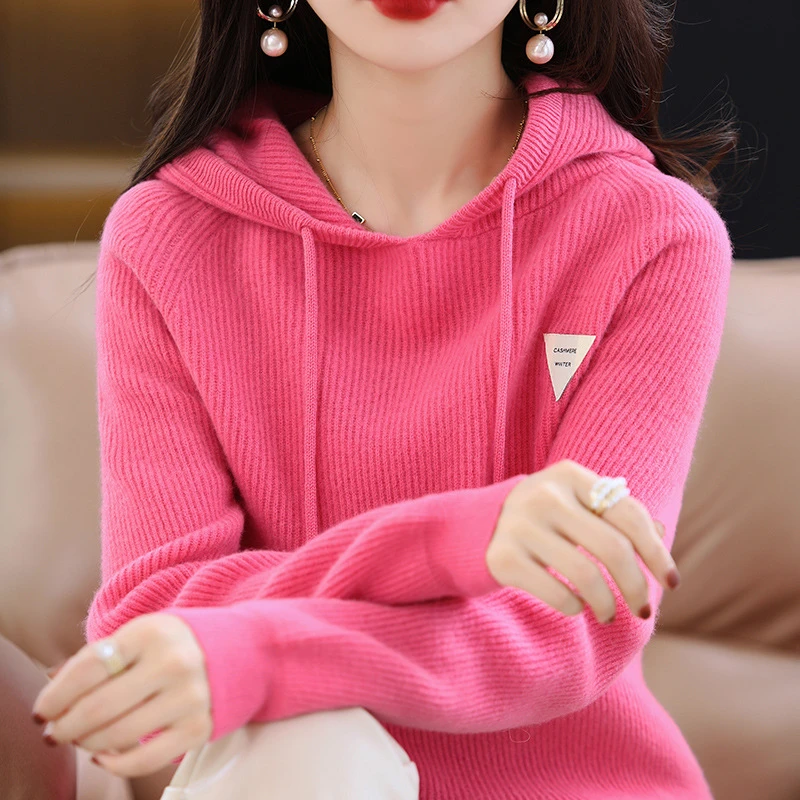 秋冬新款羊绒衫女套头连帽毛衣打底衫宽松针织加厚卫衣纯羊毛帽衫