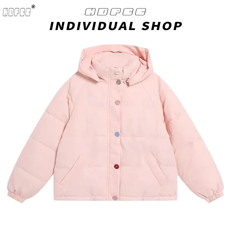 冬季新款设计感彩色扣连帽外套粉色面包服女宽松加厚保暖百搭棉衣