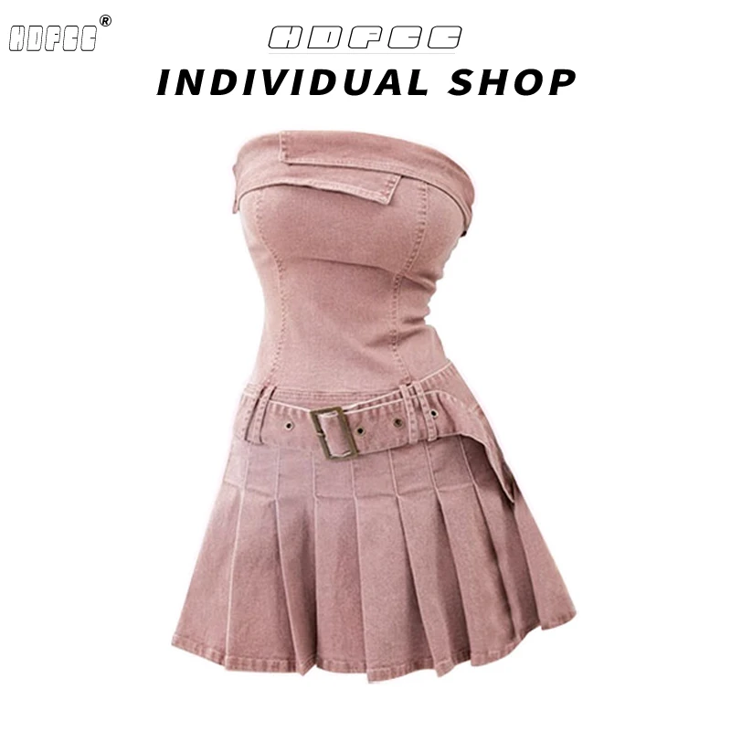 甜辣粉色抹胸牛仔连衣裙女夏季新款高级感气质收腰显瘦百褶短裙子