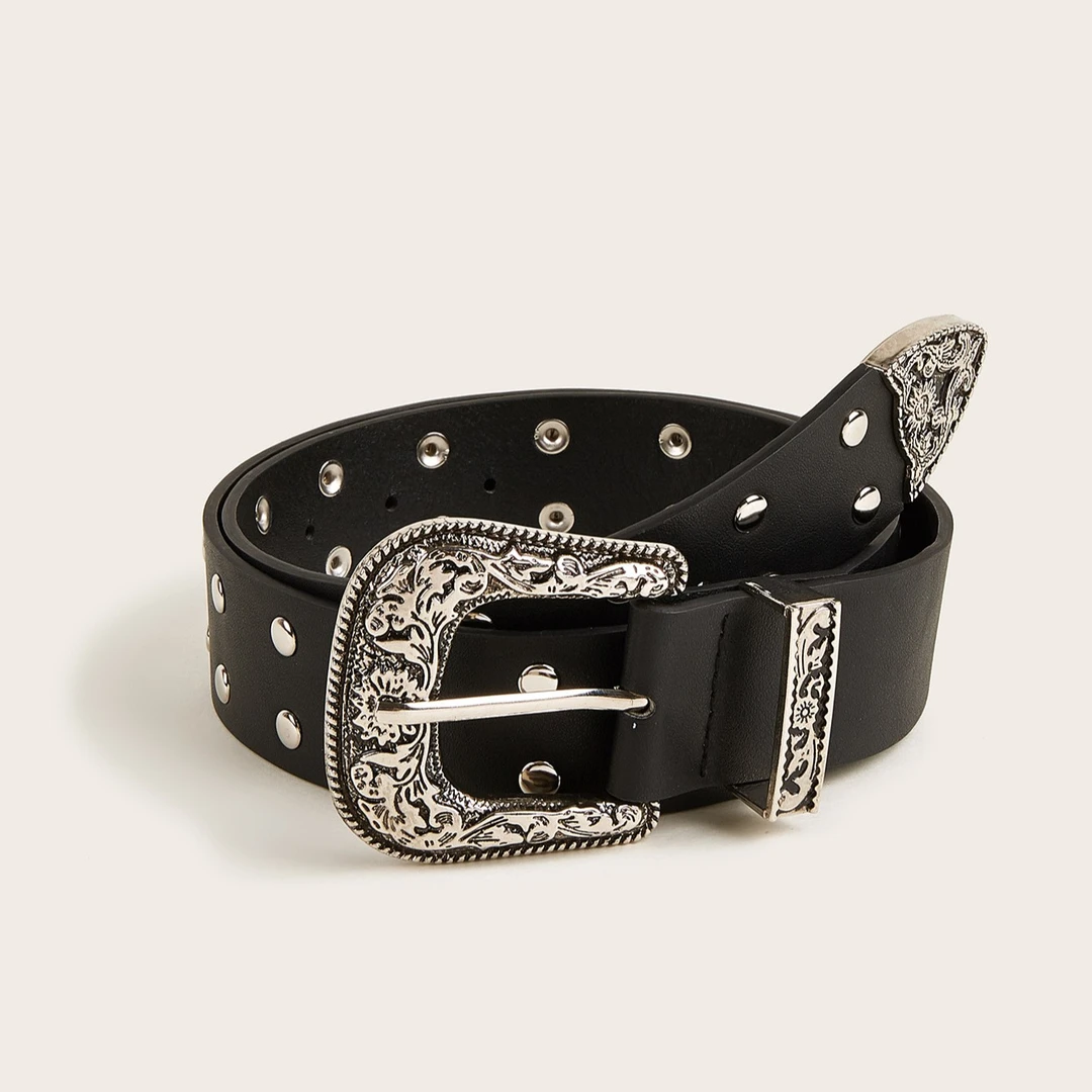 withmin 辣妹风西部牛仔铆钉复古个性时尚女士皮带黑色百搭合金