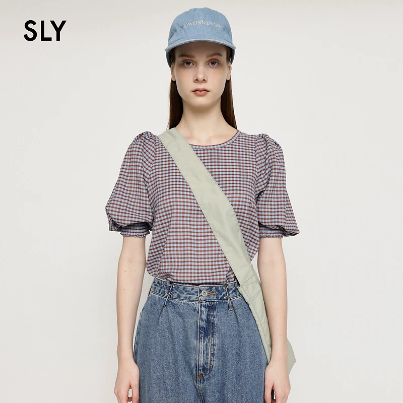 SLY 日系休闲风复古格纹设计灯笼短袖宽松衬衫女030GSI80-4030