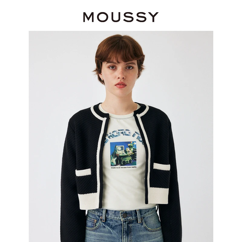 MOUSSY 秋冬新款知识分子风撞色通勤针织开衫女010GAA70-6650