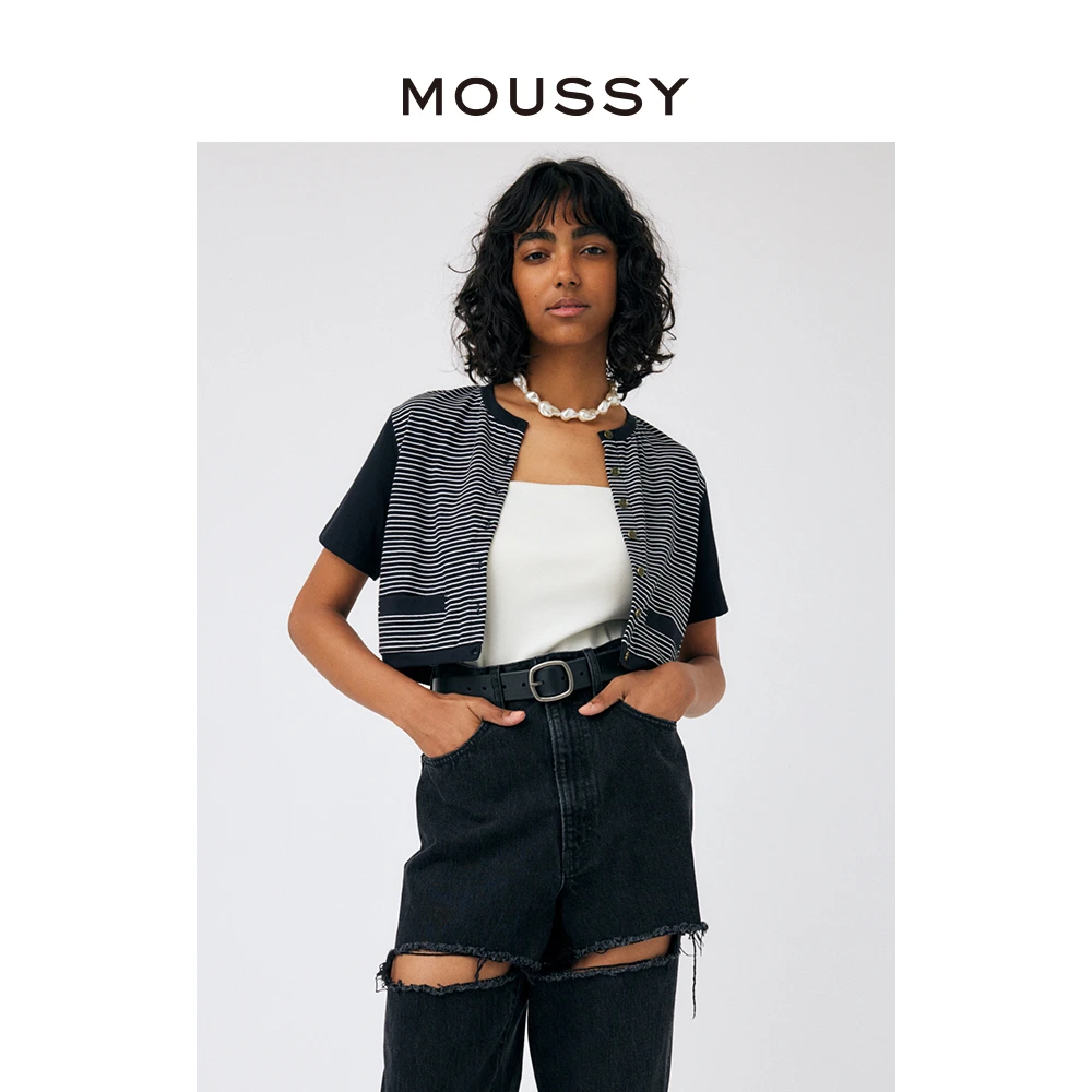 MOUSSY 复古撞色俏皮休闲纽扣短款单排扣短袖T恤女028GS470-5000