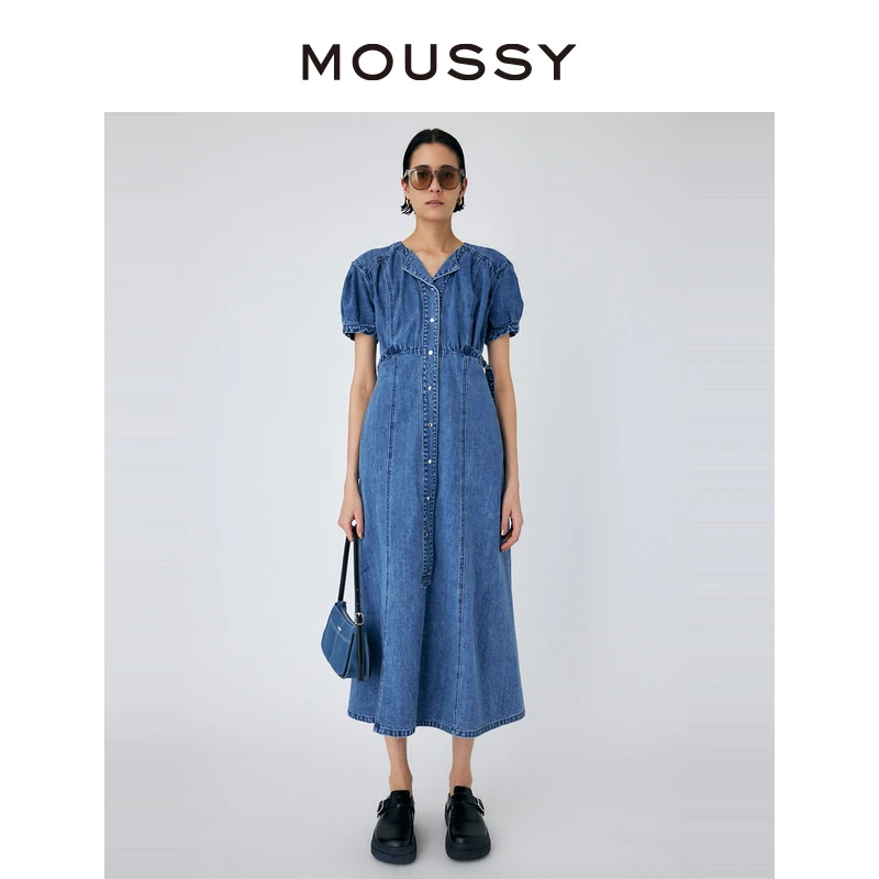 MOUSSY 新款甜美泡泡袖金属扣牛仔纯色短袖连衣裙女010GSK11-0340
