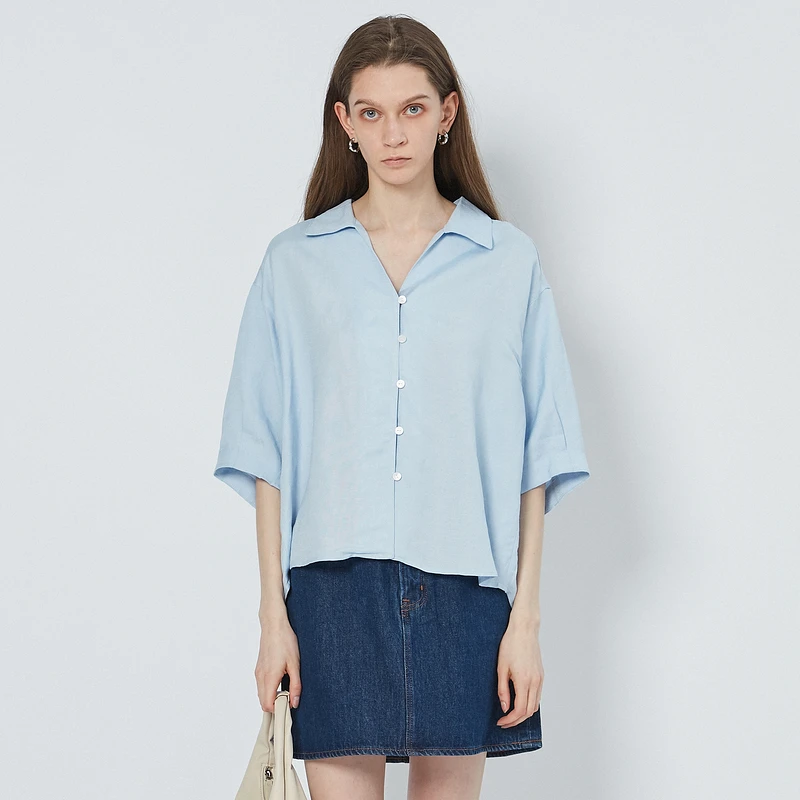 MOUSSY 夏季简约通勤休闲五分袖翻领V领短袖衬衫女010FSW30-22