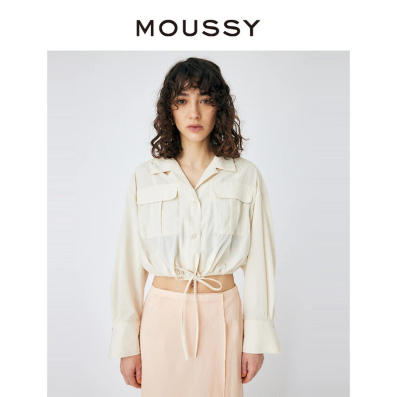 MOUSSY 薄荷曼波风抽绳纯色收腰短款长袖翻领衬衫女010GSW30-1540