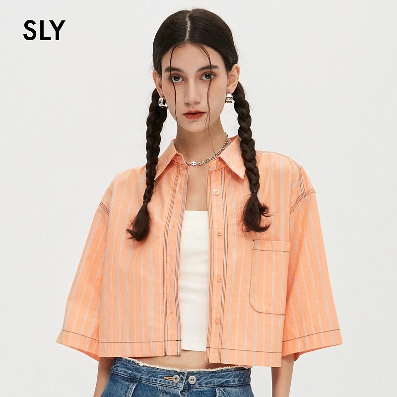 SLY 通勤落肩袖单排扣条纹短款宽松休闲截短衬衫女030GSA30-4500