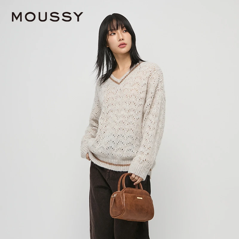 moussy 撞边V领毛绒针织衫慵懒感毛衣02AZ70-21