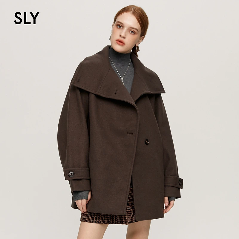 SLY  冬季新品设计感通勤简约大翻领毛呢外套女030GAA30-2850