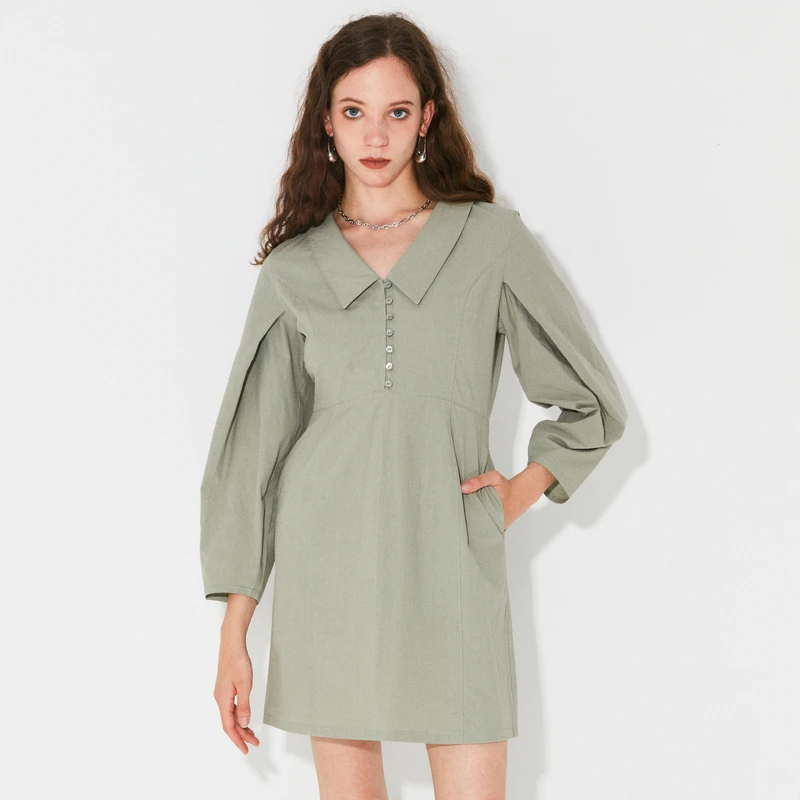 MOUSSY  春季气质灯笼袖翻领收腰连衣裙女028FAW30-5290