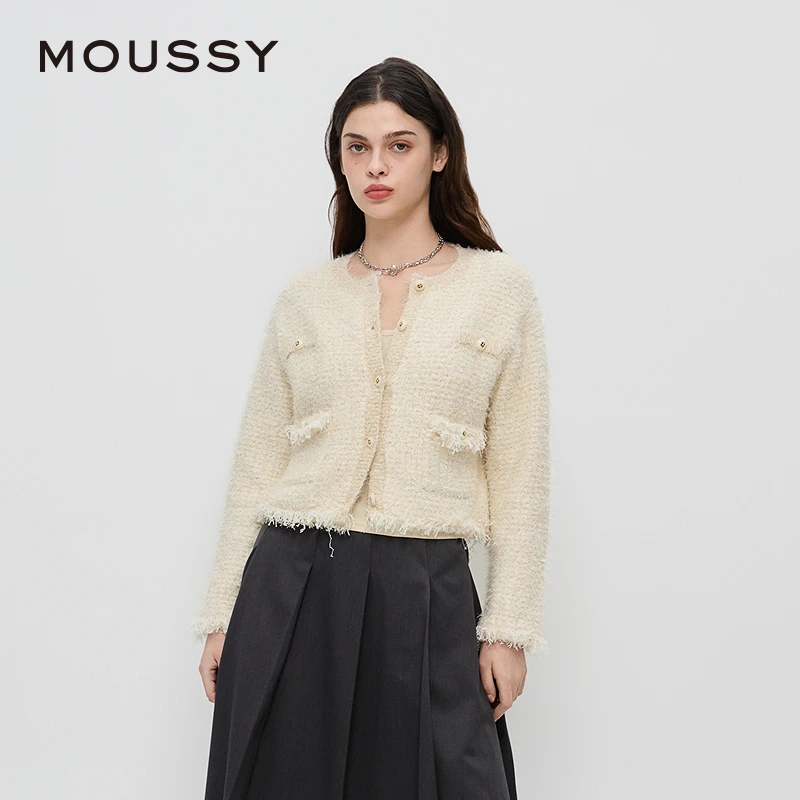 MOUSSY 2024秋季静奢小香风毛边短款针织开衫女02AZ70-0941
