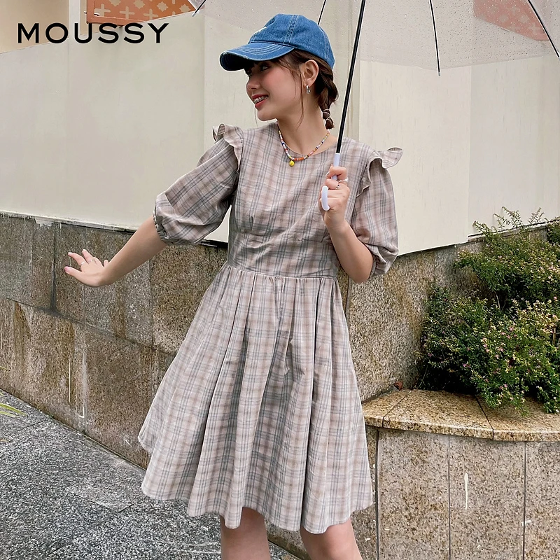 【明星同款】MOUSSY  新款格纹松紧系带连衣裙女028FSZ30-0390