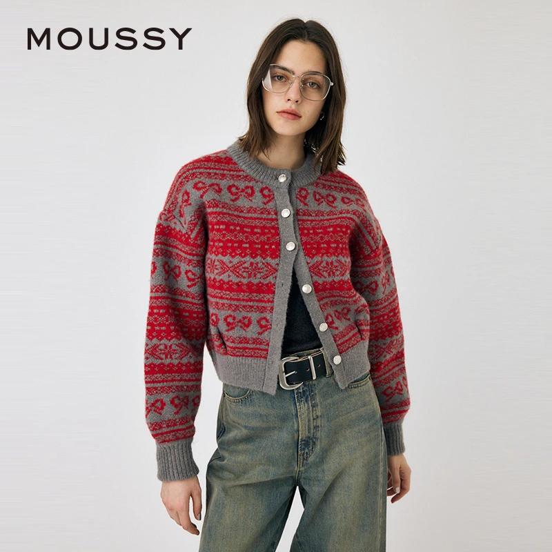 MOUSSY费尔岛撞色圆领复古毛针织衫010HAL70-5181