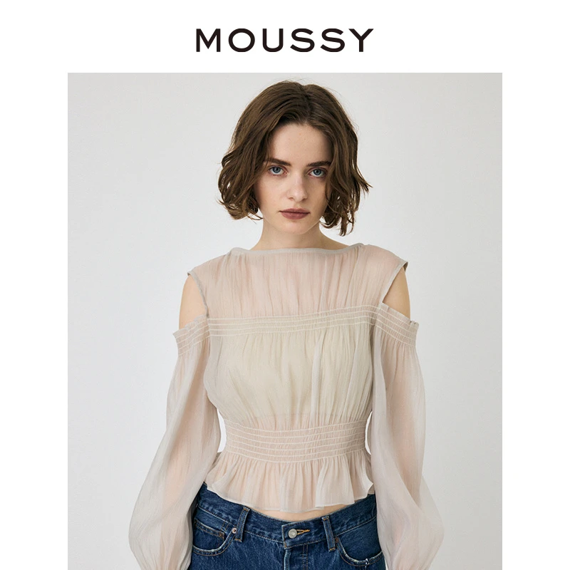 moussy2025夏季法式优雅风露肩两件套雪纺衬衫010HS230-1840