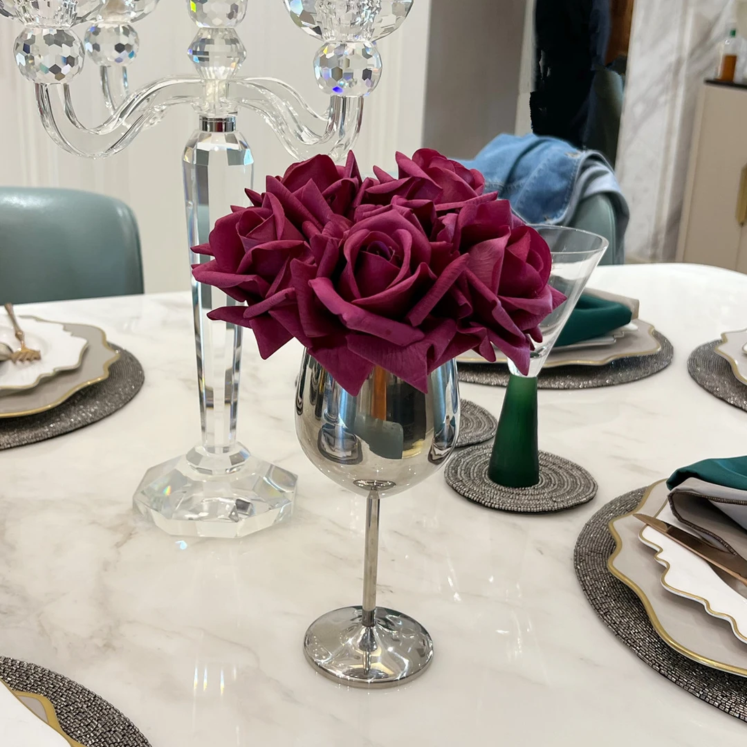轻奢高档仿真花束手感玫瑰花装饰摆件高脚杯餐桌花玄关花电视柜花