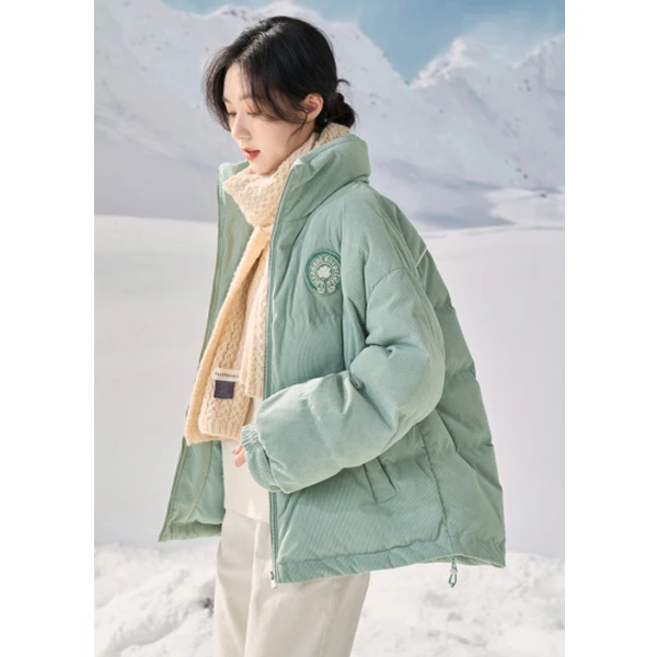 【冬日青调】茵曼冬季休闲立领落肩前胸绣花橡筋收口宽松鸭绒羽绒女